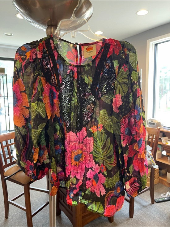 FARM Rio Tops - Farm Rio Black Floral Lace-Trim Blouse Pink & Green Accents Viscose Boho size XS
